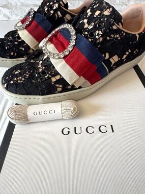 Size 5 Gucci Black Lace Sneakers with Red-Navy-White Ribbon and Crystal Buckles